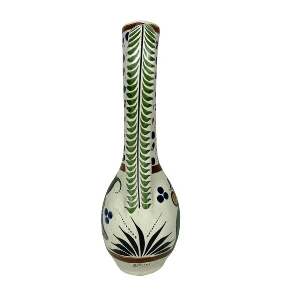 Mexican Folk Art Pottery Hand-Painted Thin Tall Vase Pitcher Floral 11-1/2" - Picture 5 of 8